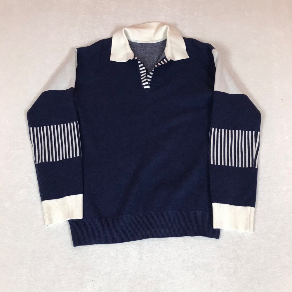 Lomon Preppy Stripped Collared Blue V Neck Sweater Small
